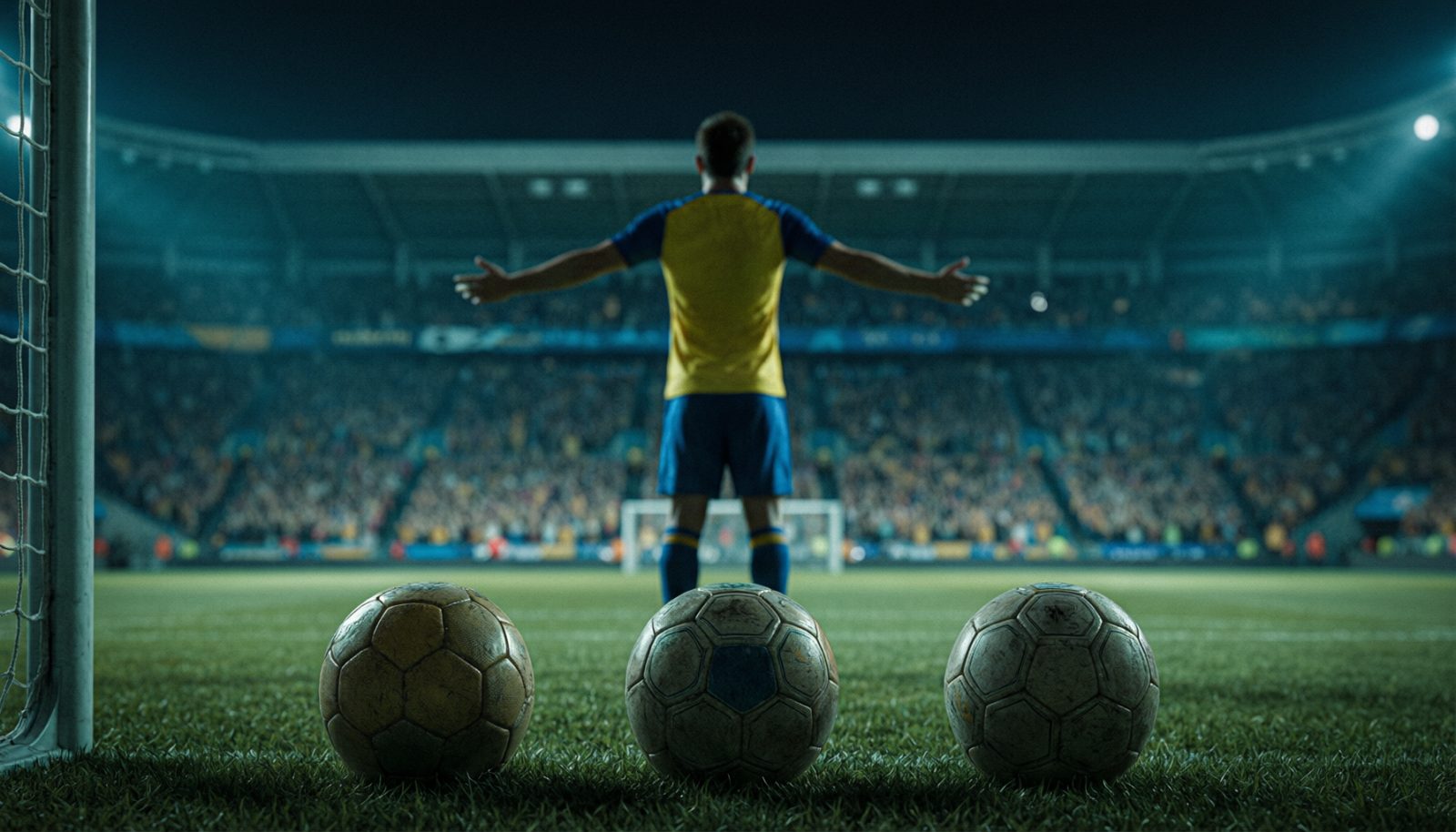 AI生成示意图:夜色中的球场看台与三名球员背影,前景是三颗足球,呼应帽子戏法